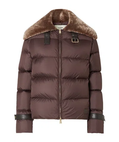 Fendi Women Brown Down Jacket With Shearling Collar And Logo Patch On The Front In Tech Fabric Woman In Brown