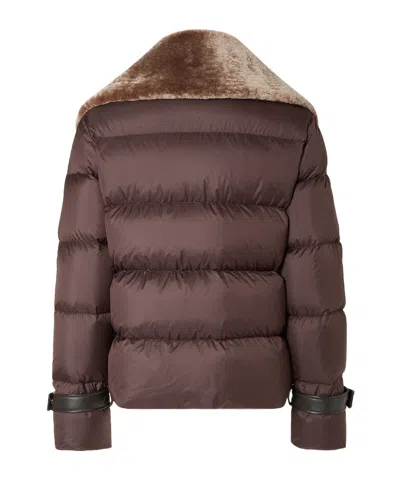 Fendi Women Brown Down Jacket With Shearling Collar And Logo Patch On The Front In Tech Fabric Woman In Brown