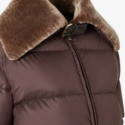 Fendi Women Brown Down Jacket With Shearling Collar And Logo Patch On The Front In Tech Fabric Woman In Brown