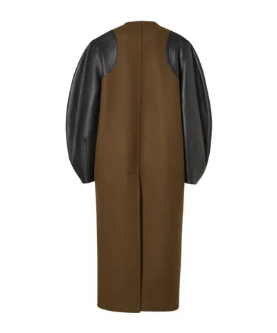 Fendi Felt Wool Cocoon Jacket With Leather-sleeve Belted Waist In Brown