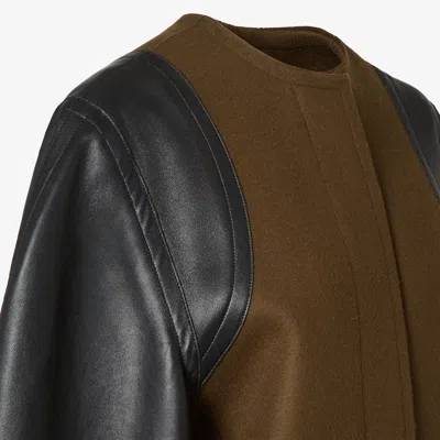 Fendi Felt Wool Cocoon Jacket With Leather-sleeve Belted Waist In Brown