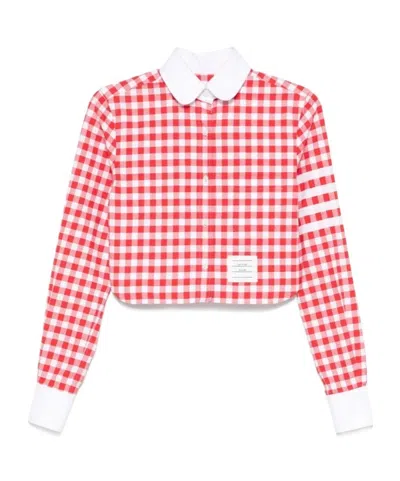 Thom Browne 4-bar Gingham Check Flannel Crop Button-up Shirt In Red