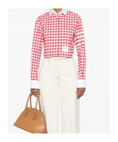 Thom Browne 4-bar Gingham Check Flannel Crop Button-up Shirt In Red