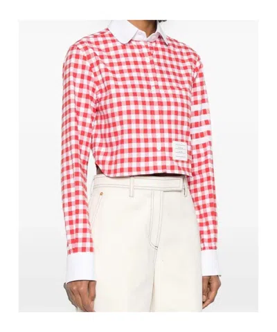 Thom Browne 4-bar Gingham Check Flannel Crop Button-up Shirt In Red