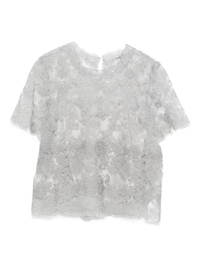 Ermanno Scervino Floral Lace Round Neck Sheer Top In Gray