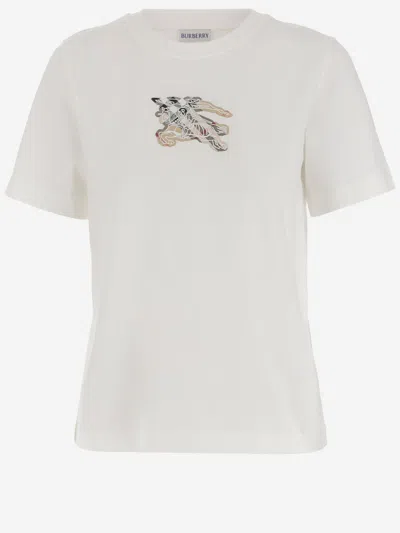 Burberry Ribbed Cotton T-shirt With Equestrian Motif And Logo Patch In White