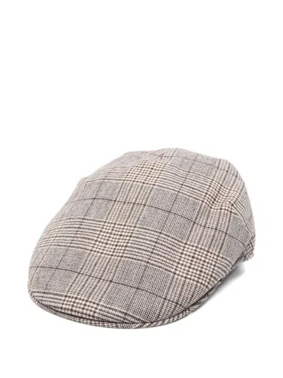 Borsalino Checked Wool Blend Cap With Curved Brim In Sand