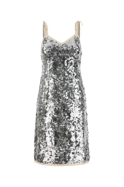 Prada Embellished Nylon Dress In Gray