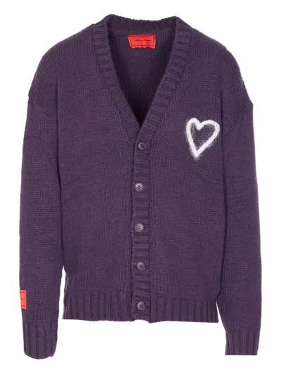 Vision Of Super Heart-embroidered Button Cardigan In Purple