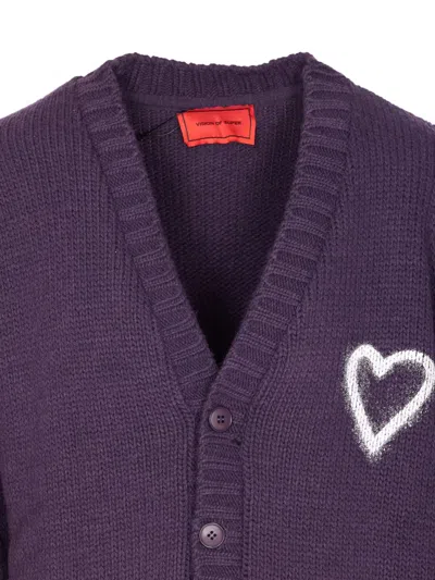 Vision Of Super Heart-embroidered Button Cardigan In Purple
