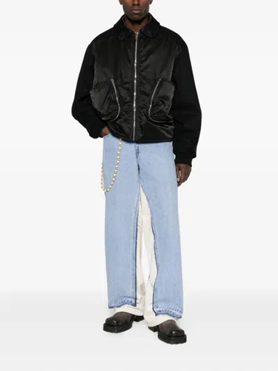 Bluemarble Zip-front Wool-sleeve Bomber Jacket In Black