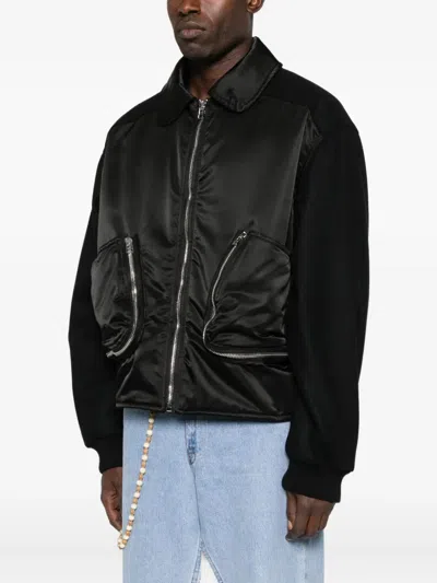 Bluemarble Zip-front Wool-sleeve Bomber Jacket In Black