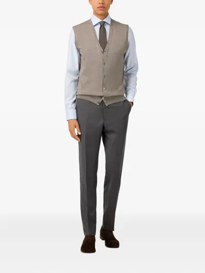 Boggi Milano Ens V-neck Knitted Merino-wool Waistcoat Taupe In Gray
