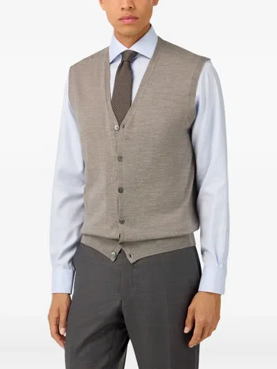 Boggi Milano Ens V-neck Knitted Merino-wool Waistcoat Taupe In Gray