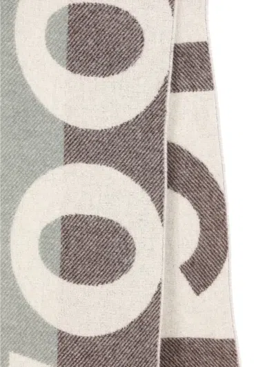 Woolrich Color Block Scarf With Fringes And Lettering In Gray