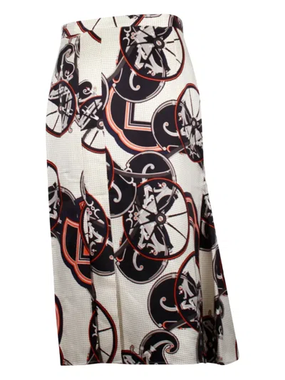 Pre-owned Hermes Wheel-print Midi Skirt In White