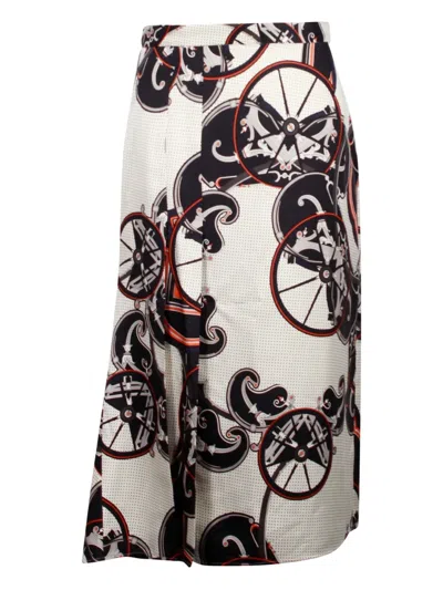 Pre-owned Hermes Wheel-print Midi Skirt In White