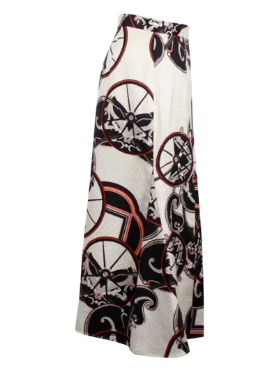 Pre-owned Hermes Wheel-print Midi Skirt In White