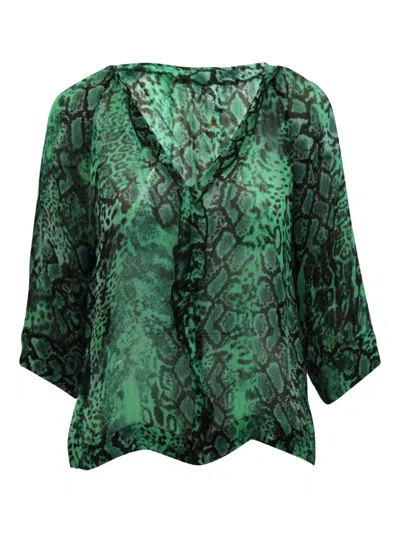 Pre-owned Ba&sh Snake-print V-neck Blouse In Green