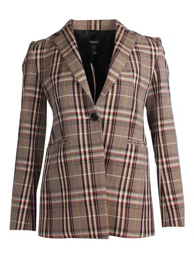 Pre-owned Theory Plaid Single-breasted Blazer In Brown