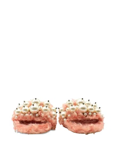 Pre-owned Miu Miu Pearl-embellished Fur Slides In Pink