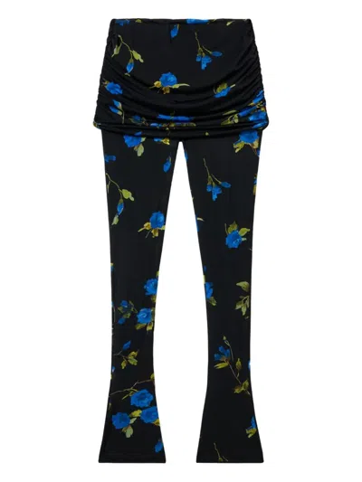 Blumarine Floral-print Gathered Leggings In Black