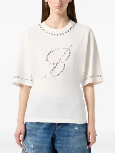 Blumarine Embellished Eyelet-trimmed T-shirt In White