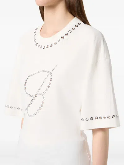Blumarine Embellished Eyelet-trimmed T-shirt In White