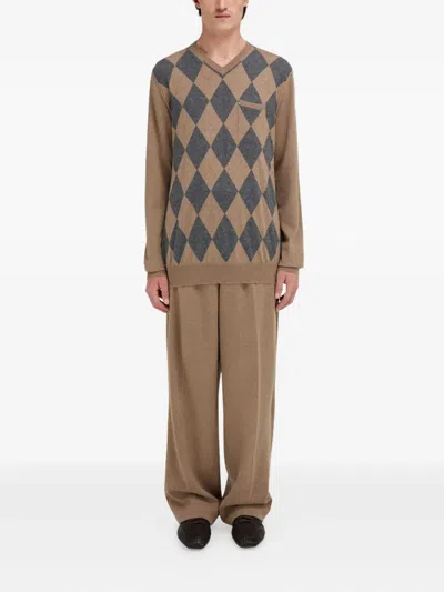 Ferragamo V-neck Argyle Virgin-wool Sweater In Brown