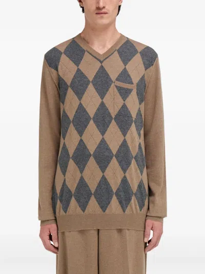 Ferragamo V-neck Argyle Virgin-wool Sweater In Brown