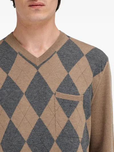 Ferragamo V-neck Argyle Virgin-wool Sweater In Brown