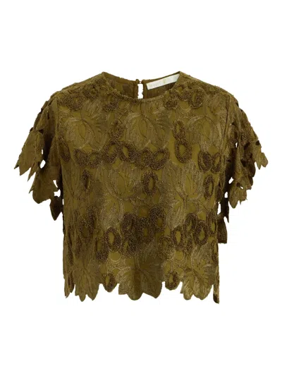 Marie Oliver Pelumi Embroidered Scallop-edge Blouse In Brown