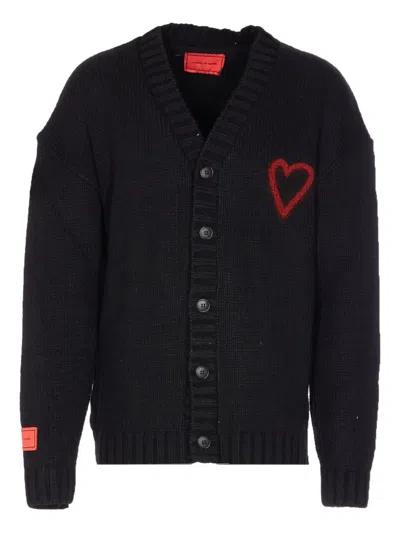 Vision Of Super Heart-embroidered Button Cardigan In Black