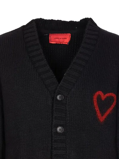 Vision Of Super Heart-embroidered Button Cardigan In Black