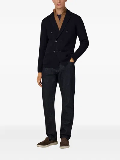 Boggi Milano Ens Navy Blue Collared Double-breasted Wool Jacket In Blue