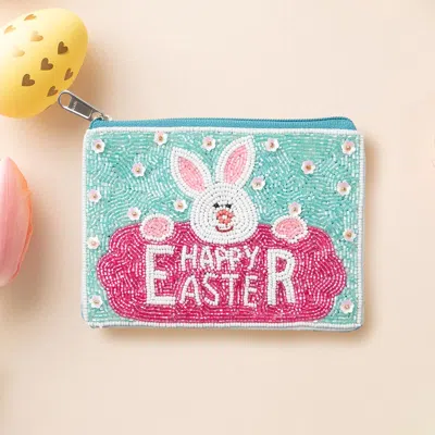 Fashnzfab Happy Easter Message Easter Bunny Seed Beaded Mini Pouch Bag In Blue