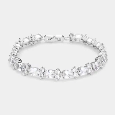 Fashnzfab Cz Round Oval Cluster Evening Bracelet Clear, Silver In Multi
