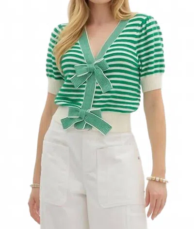Entro Julian Stripe Bow Front Knit Top In Green In Multi