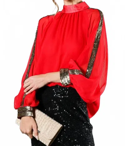 Vine & Love Raglan Sleeve Mock Neck Sequin Detail Chiffon Blouse In Red In Red