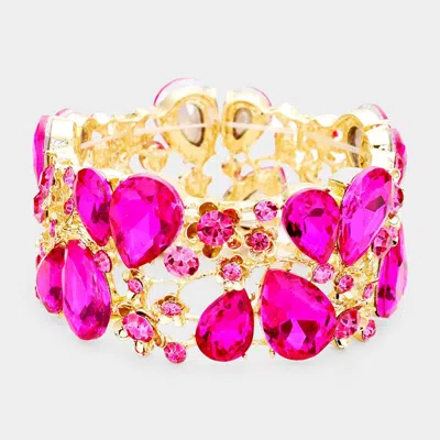 Fashnzfab Glass Crystal Teardrop Floral Stretch Evening Bracelet Fuchsia In Pink