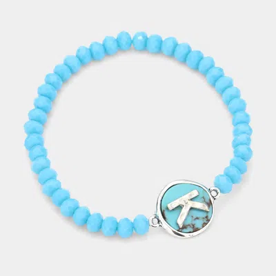 Fashnzfab -k- Initial Monogram Turquoise Charm Faceted Beaded Stretch Bracelet Turquoise In Blue