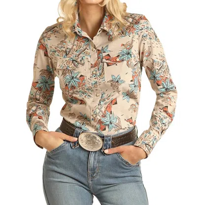 Rock & Roll Denim Conversational Snap Shirt In Tan In Multi