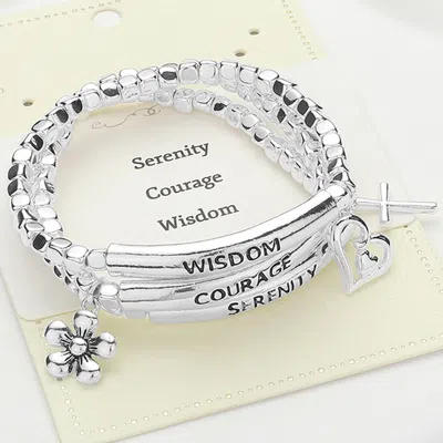 Fashnzfab 3pcs - Serenity Courage Wisdom Message Flower Heart Cross Charm Stretchable Religious Bracelets Anti In Multi