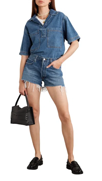 Frame The Hang Distressed Denim Shorts In Blue In Blue