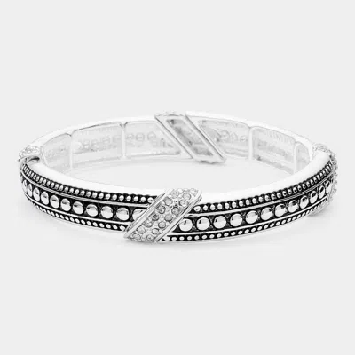 Fashnzfab Stone Paved Bar Pointed Stretch Bracelet Antique Silver, Clear In Multi
