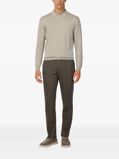 Boggi Milano Ens Sand Long-sleeve Knitted Merino-wool Polo Shirt Xxl In Neutral