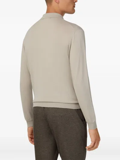 Boggi Milano Ens Sand Long-sleeve Knitted Merino-wool Polo Shirt Xxl In Neutral