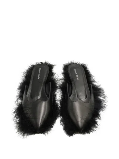 Pre-owned Simone Rocha Feather-trim Leather Slides In Black