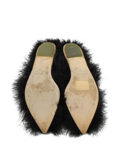 Pre-owned Simone Rocha Feather-trim Leather Slides In Black