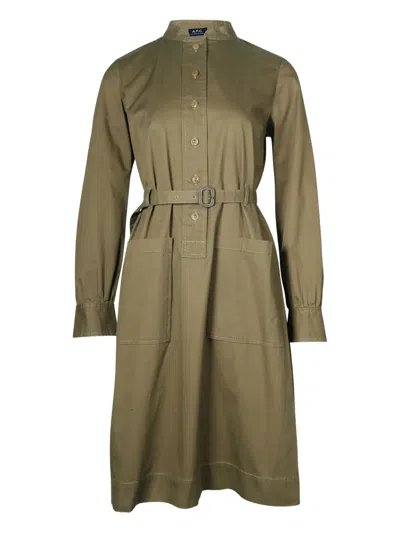 Pre-owned Apc Belted Button-front Dress In Green